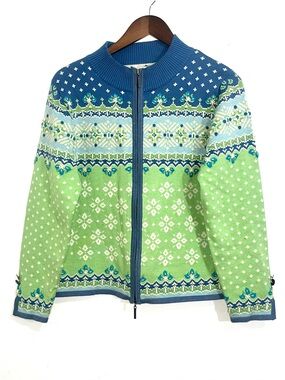 Carson Fair Isle Embellished Full Zip Sweater Cardigan Green Blue Size M